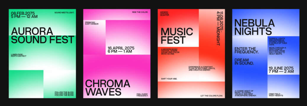 Minimalist vibrant poster set design. Soft blurred gradient color block. Minimal clean modern typography dark background. Sleek atmospheric music event flyer bundle.