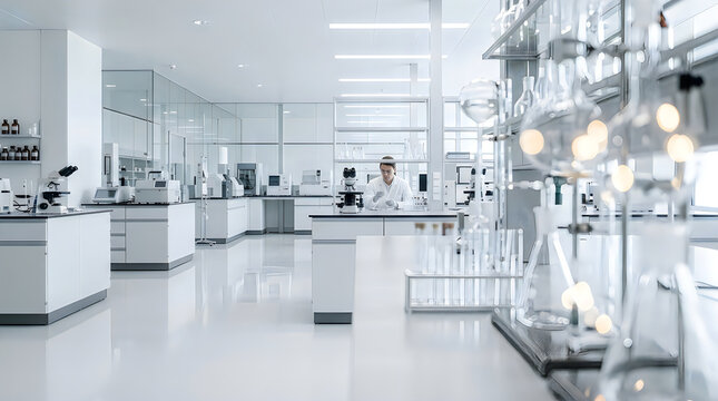 A modern sterile medical research laboratory environment with advanced equipment and cleanroom technology