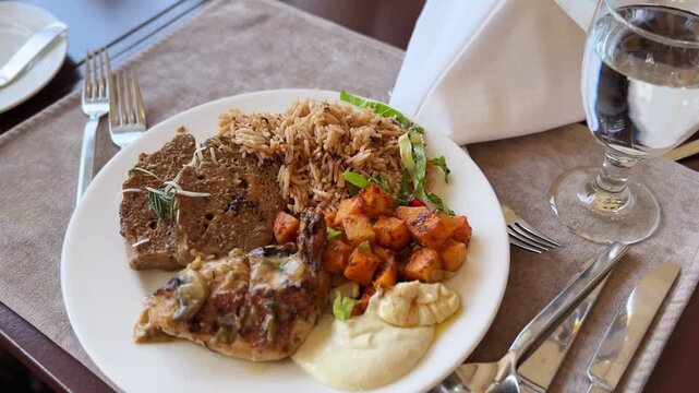 Close-up view of a prepared plated meal featuring roasted chicken, sliced meat, rice, and potatoes. The white plate sits on a brown placemat with silverware at an indoor fine dining restaurant table.