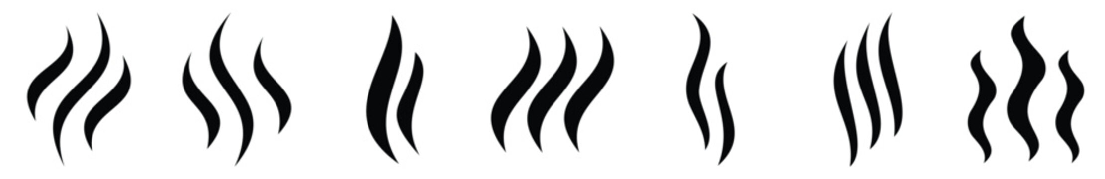 Hot steam icon set. Warm vapor smoke aroma heat wave symbol. Hot drink food cooking temperature control sign.