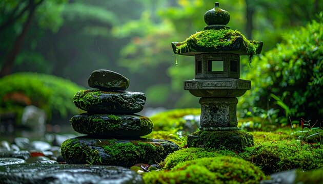 Moss covered stone lantern beside river stones in a garden