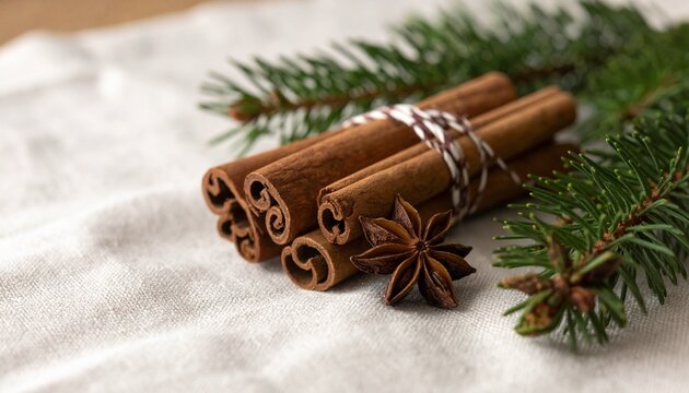 Cinnamon sticks and star anise beside evergreen sprigs