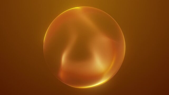 Golden amber orb with swirling smoky flame core and glowing rim light on warm orange gradient. Liquid plasma sphere for luxury branding, endless loop.