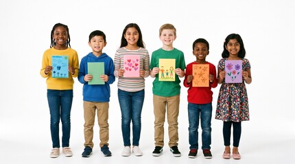Obraz premium Diverse group of children proudly displaying their artwork and drawings