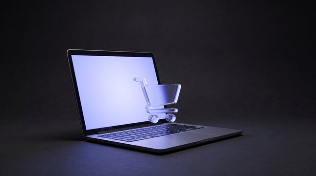 Transparent glass shopping cart icon floating above a sleek modern laptop on dark background surface