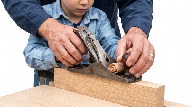 Father and son woodworking together using a hand plane on wood