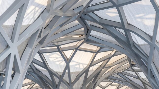 Abstract close up of a futuristic parametric steel canopy roof structure with translucent fabric panels and soft sunlight filtering through, modern architectural background concept