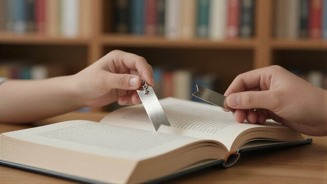 Hand holds metallic star bookmark above open book in library setting.