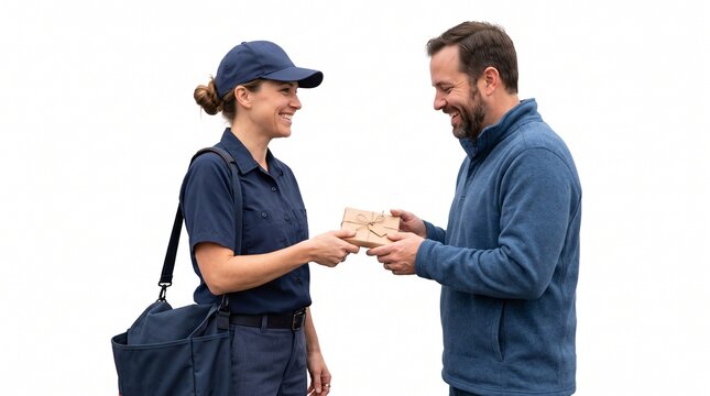 Smiling postal worker delivers a package to a happy customer