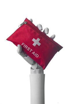 Robotic Hand Holding Red First Aid Kit Pouch Isolated on White Background