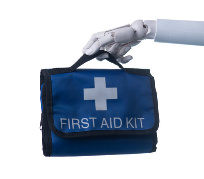 Robot Hand Carrying Blue First Aid Kit Bag Isolated on White Background