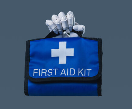Robotic Hand Holding Blue First Aid Kit Bag Concept of AI Medical Assistance