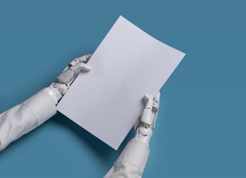 Robot Hands Holding Blank White Paper Sheet Concept of AI Document Mockup