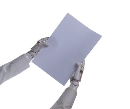 Robot Hands Holding Blank White Paper Sheet Concept of AI Document Mockup