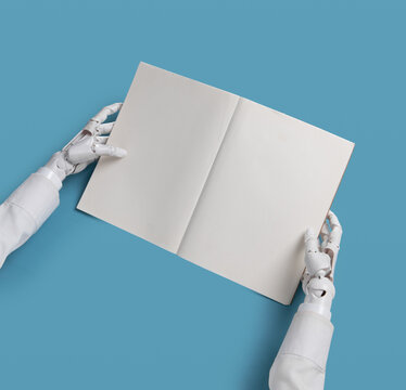 Robot Hands Holding Open Blank Book Spread Concept of AI Learning Mockup