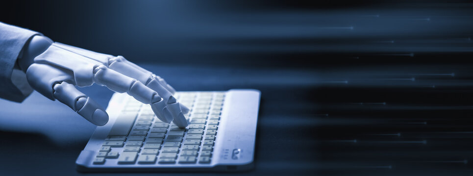 Robotic Hand Typing on Computer Keyboard Banner Concept of AI Automation