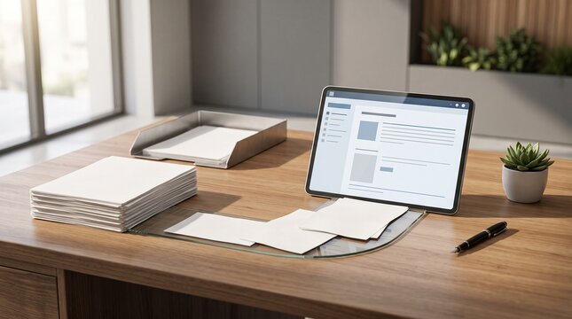 Modern Workspace with Laptop and Paper Documents on Desk