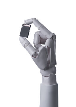 Robotic Hand Holding SD Memory Card Isolated on White Background