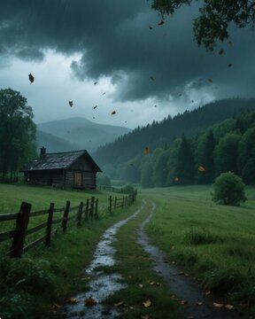 Lonely Wooden Cabin on Misty Green Hills with Tyndall Light in a Cool Tone Landscape
