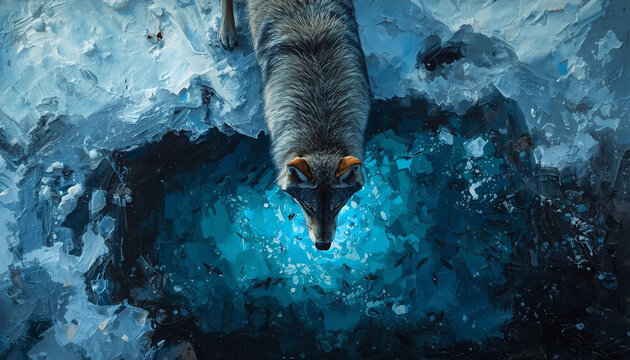Dramatic top view oil painting of wolf drinking water from glowing icy hole