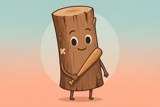 Viral Social Media Trend Fictional Log-Like Grinning Indonesian Tung Tung Tung Sahur Italian Brainrot Simple Anthropomorphic Meme Figure Cartoon Character Holding a Small Wooden Bat.