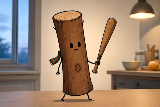 Viral Social Media Trend Fictional Log-Like Grinning Indonesian Tung Tung Tung Sahur Italian Brainrot Simple Anthropomorphic Meme Figure Cartoon Character Holding a Small Wooden Bat.
