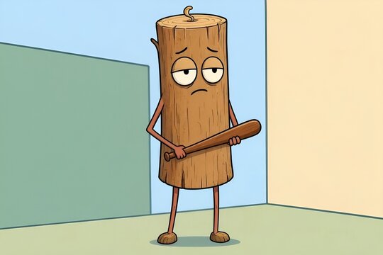 Viral Social Media Trend Fictional Log-Like Grinning Indonesian Tung Tung Tung Sahur Italian Brainrot Simple Anthropomorphic Meme Figure Cartoon Character Holding a Small Wooden Bat.