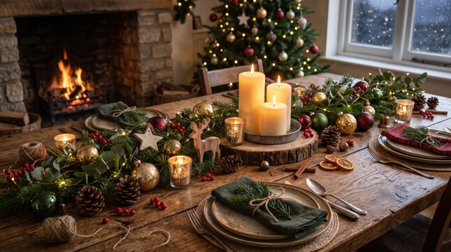 Rustic Christmas table setting with candles and greenery. Festive holiday dinner decor in cozy room with fireplace and tree.