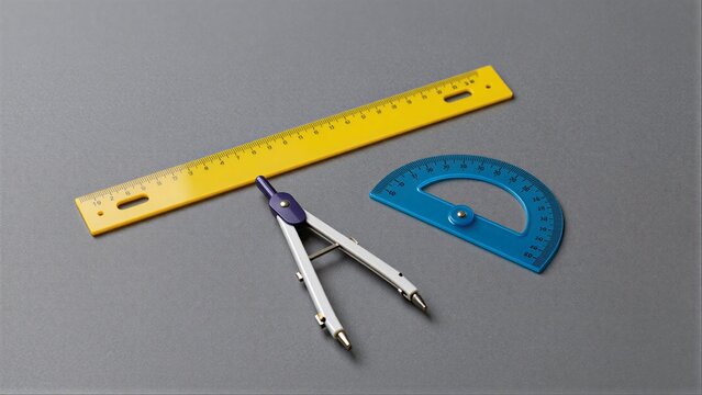 Yellow ruler, blue protractor, and silver compass on gray surface.