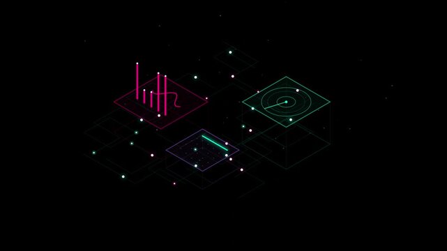 Abstract isometric data visualization concept with glowing digital charts and network nodes