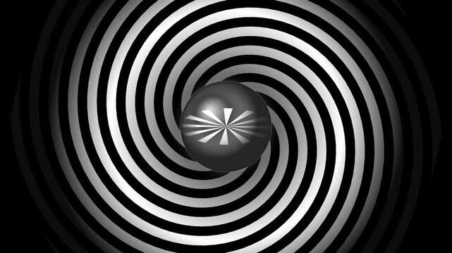 Black and white spiral background with a central sphere for hypnotic optical illusion effect.