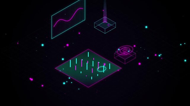 Abstract isometric technology concept with glowing neon data visualization elements and digital interface graphics