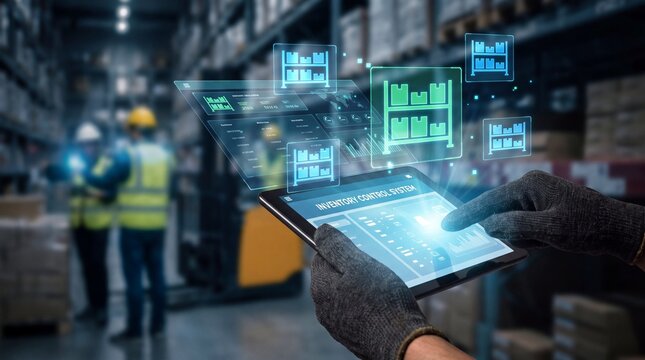 Warehouse worker using digital tablet for inventory management with augmented reality data.