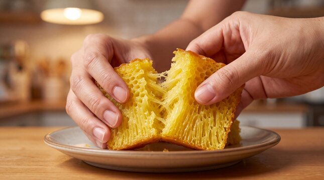 Hands pulling apart a golden honeycomb cake on a kitchen plate