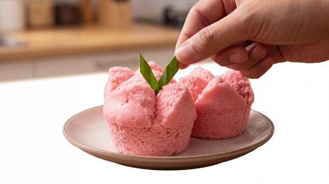Hand decorating pink steamed sponge cakes with green leaf