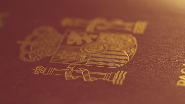 Macro close-up of the golden coat of arms on a Spanish passport cover.