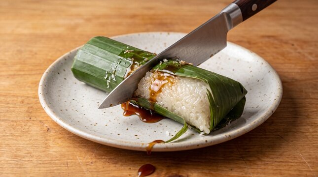 Knife slicing sticky rice roll wrapped in banana leaf