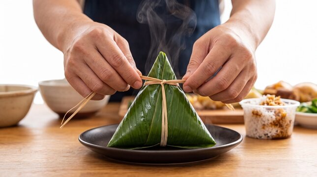 Hands tying a traditional steamed rice dumpling wrapped in leaf