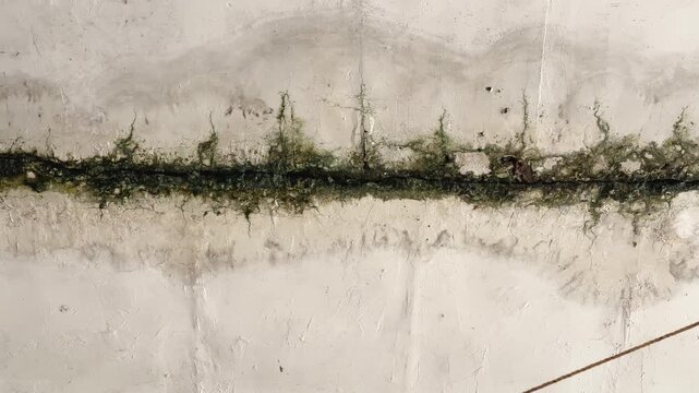 Close view of moisture damage and dark mold growth along a leaking roof surface showing neglected building maintenance