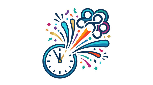 Abstract illustration of a clock exploding with colorful confetti and festive elements.