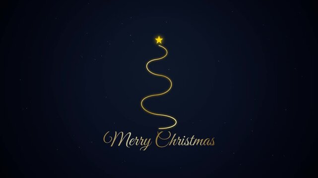 A glowing golden line drawing of a christmas tree appears against a dark blue background with twinkling stars with star top holiday