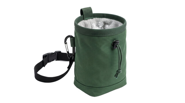 Green climbing chalk bag with carabiner and adjustable strap PNG Isolated on transparent background