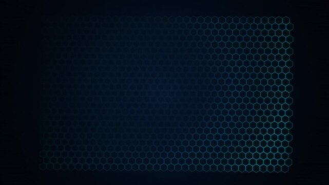 Abstract blue light glowing hexagonal grid patterns displayed on a dark background with varying levels of light intensity with cyber