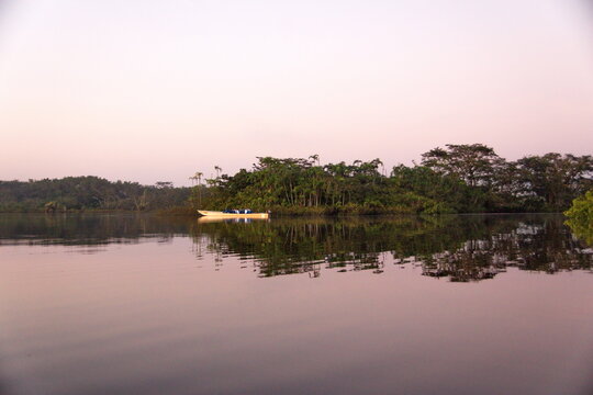 Tour boat in Laguna Grande, in the Cuyabeno Wildlife Reserve, outside of Lago Agrio, Ecuador
