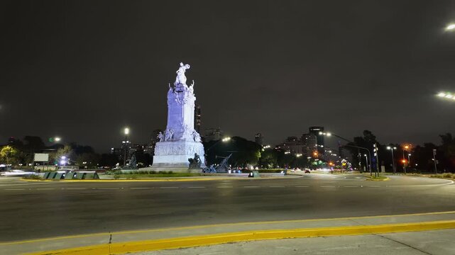 Orbital perspective hyperlapse of the Spaniards Monument and traffic on Libertador Avenue at night in Buenos Aires, Argentina