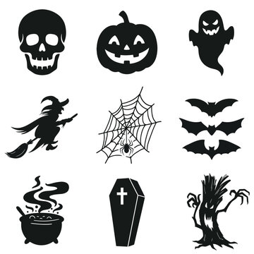 Halloween symbols collection skull pumpkin ghost witch spider web bat cauldron coffin tree