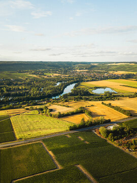 Aerial view of lush vineyards and golden fields along the Marne river during the grape harvest season in Barzy-sur-Marne, Hauts-de-France, France.