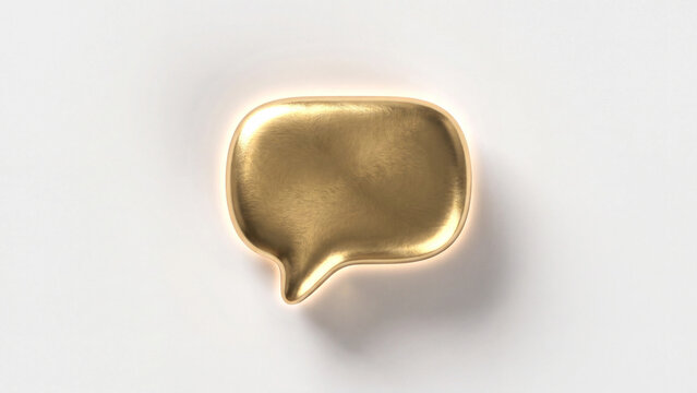 A shiny golden speech bubble icon floating against a clean minimalist white studio background surface with slightly while hovering
