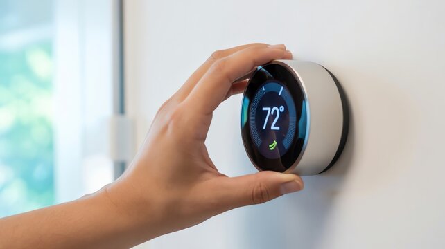 Hand adjusting smart digital thermostat on wall for energy efficiency and home indoor climate control