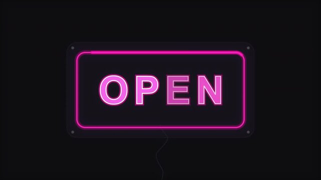 Animated neon pink open sign with glowing light effect, motion graphic